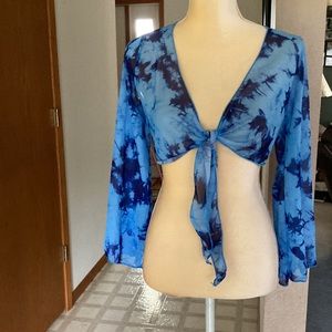 NWOT Jireh Tie Die Top Swim Suite Cover Up Dark And Light Sz M Blue Long Sleeves
